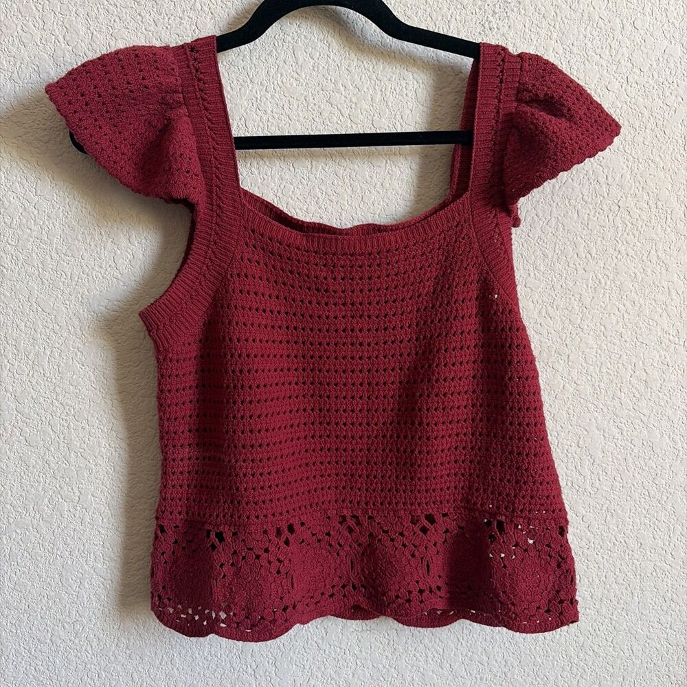 Crop Knit Tank Top Sweater Crochet Ruffle Flutter Sleeve Red L Prairie Festival
